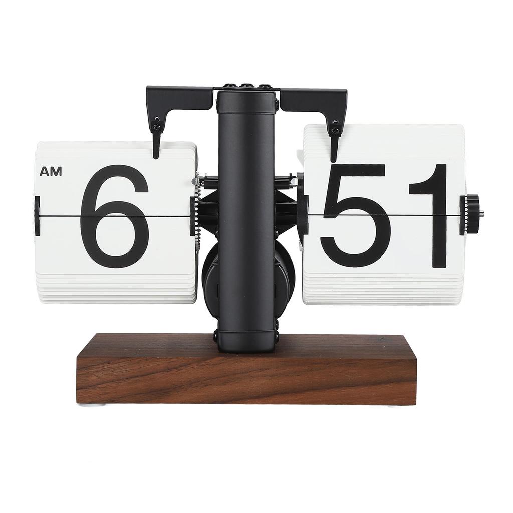 Digital Flip Clock 12h Single Sided Large Numbers Automatic Retro Mechanical Flip Clock Wood Base for Living Room