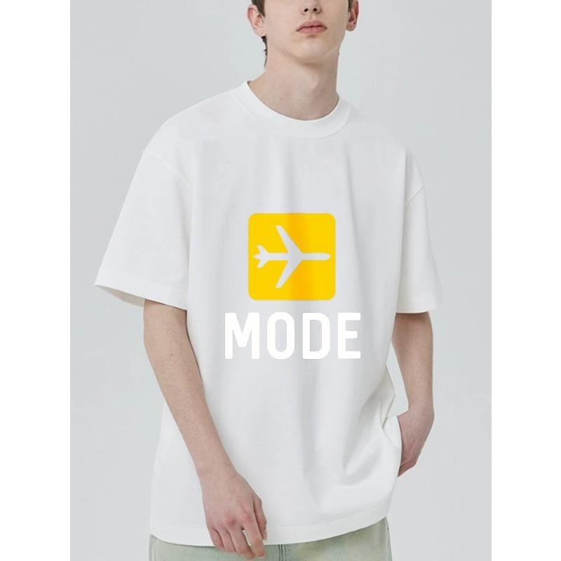 Crewneck T Shirt Black Airplane Icon and Mode Text Travel Fashion Casual Wear