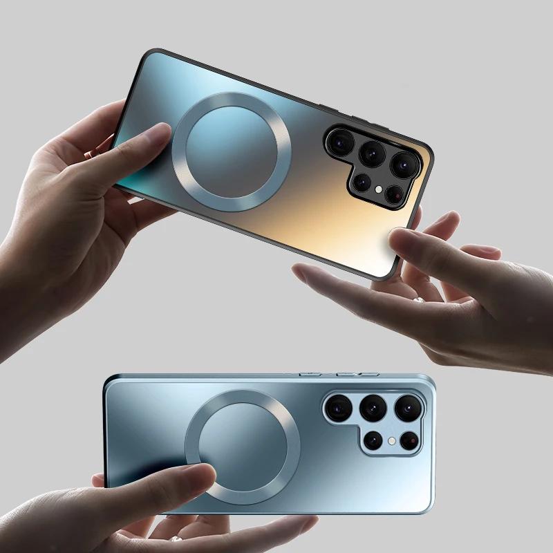 Магнитный матовый силиконовый чехол для Samsung S25 Ultra S24 Plus с беспроводной зарядкой, противоударный жесткий бампер из ПК для Galaxy S23 S22 Plus