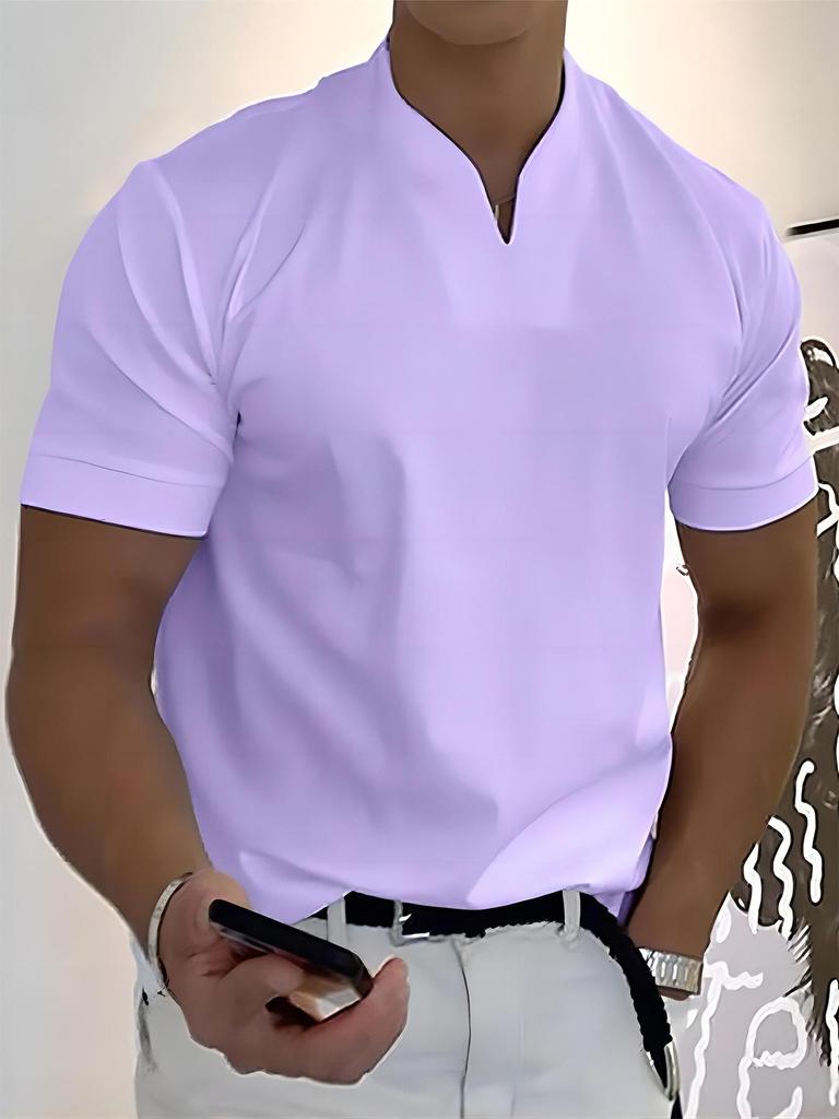 2025 Men's V-Neck Muscle Fit Sports T-Shirt - Elastic Short Sleeve Solid Color