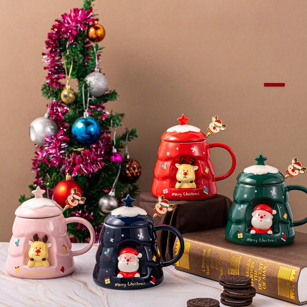 Creative Relief Christmas Tree Ceramic Cup High Looking Mug Cute Cartoon Christmas Cup Gift Christmas Water Cup