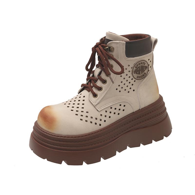 Британский стиль ретро полированные ботинки Мартина женские 2025 новые полые дышащие на толстой подошве горные рабочие ботинки цвета ревеня