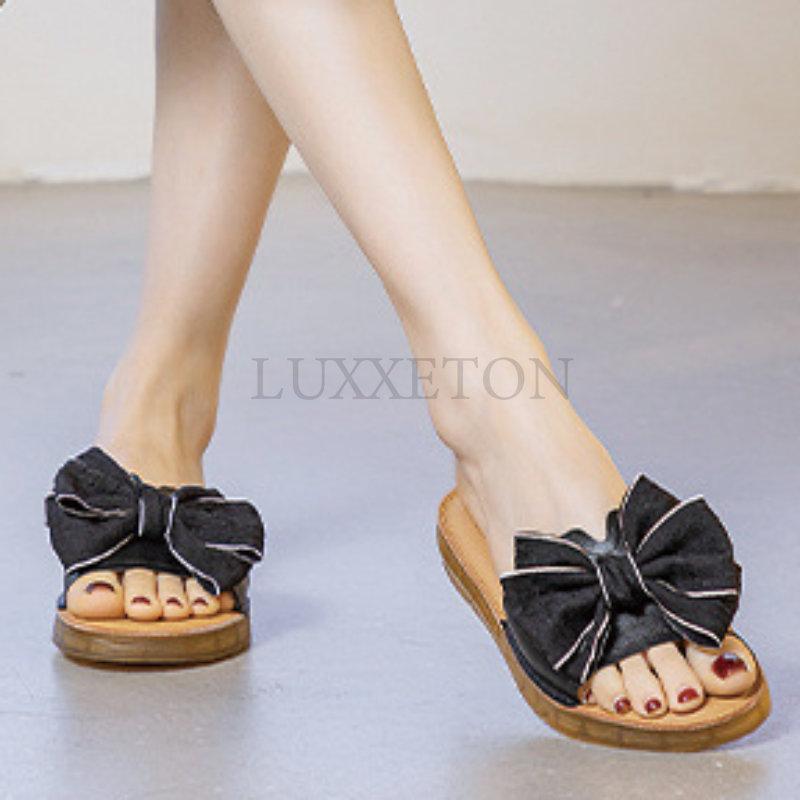Тапочки из натуральной коровьей кожи для женщин, летние, с бантом, корейские, с мягкой подошвой, женские туфли на плоской подошве