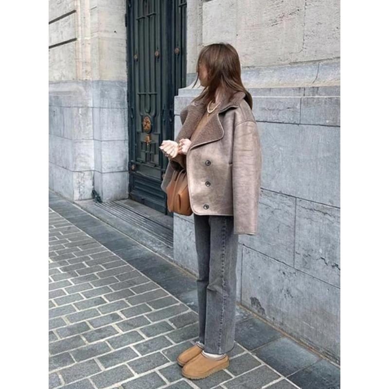Women Casual Lapel Thick Faux Leather Jackets Vintage Single-breasted Warm Wool Blends Coats Female Winter High Street Outwears