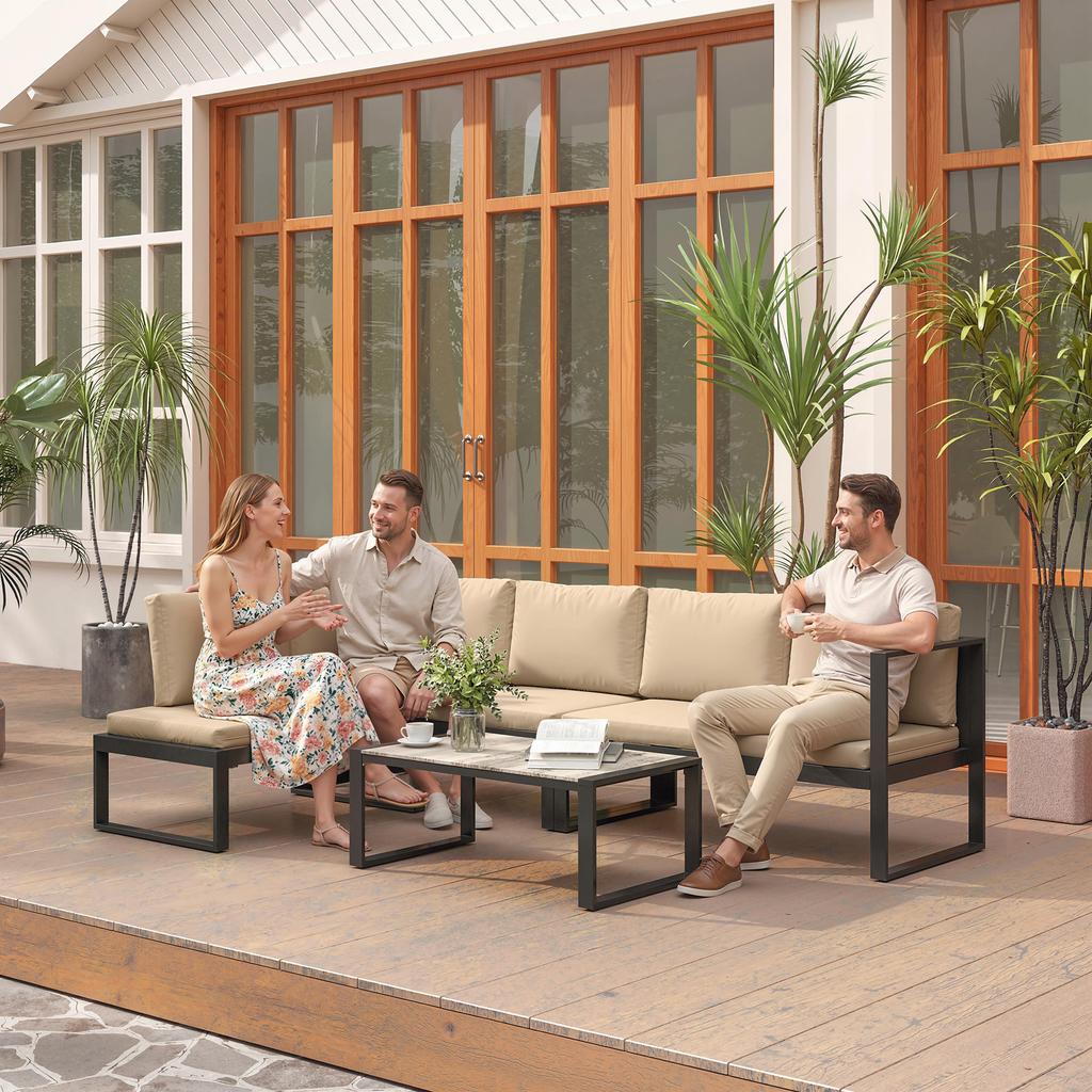 4-Piece Garden Furniture Set, Sofa Set with 2 Two-Seaters, Armless Chair, Coffee Table, for Balcony, Khaki