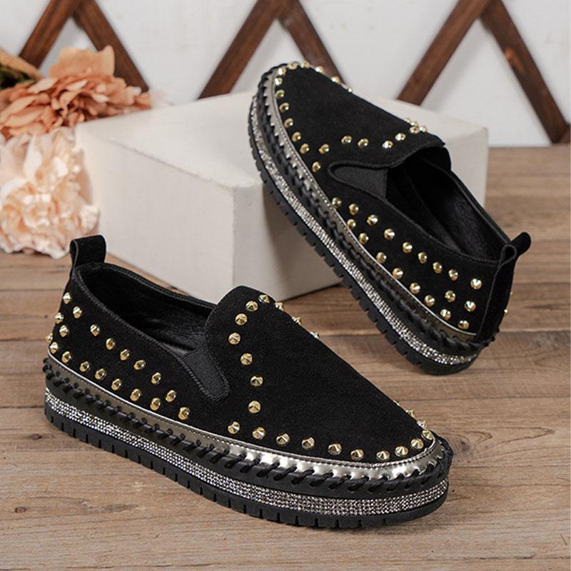 Большие размеры слипоны лоферы модные заклепки на плоской подошве толстая подошва швейные женские туфли на плоской подошве повседневные неглубокие уличные прогулочные туфли 2024