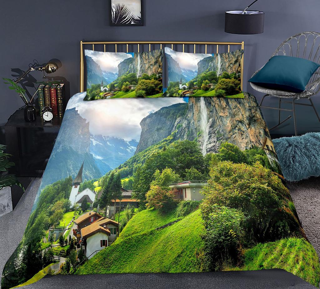 Комплект пододеяльников Nature Waterfall Flowing Down The Rocks Cascade Valley Image Декоративный комплект постельного белья из полиэстера с наволочкой