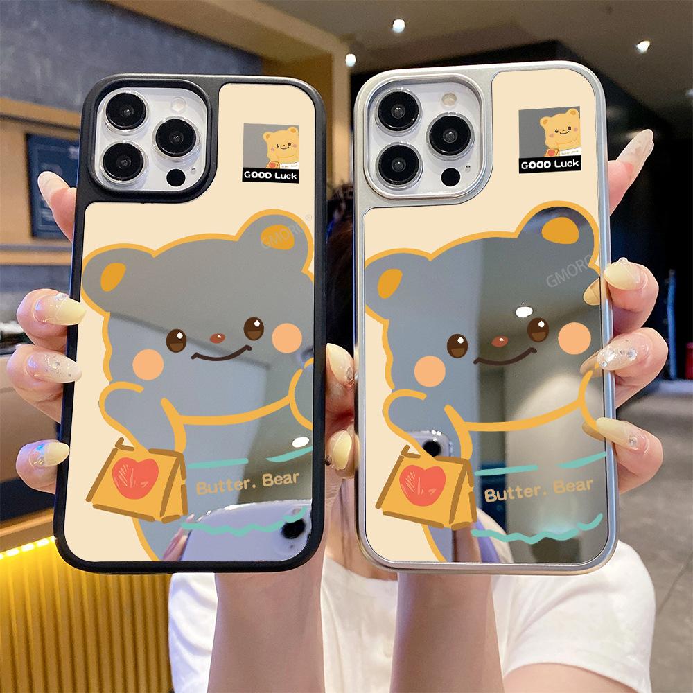 Забавный чехол для телефона iPhone 14/15promax с изображением масляного медведя и зеркалом, противоударный защитный чехол