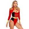 Womens Circus Ringmaster Halloween Cosplay Bodysuit Fringe Epaulette Bow Long Sleeve Velvet Jumpsuit