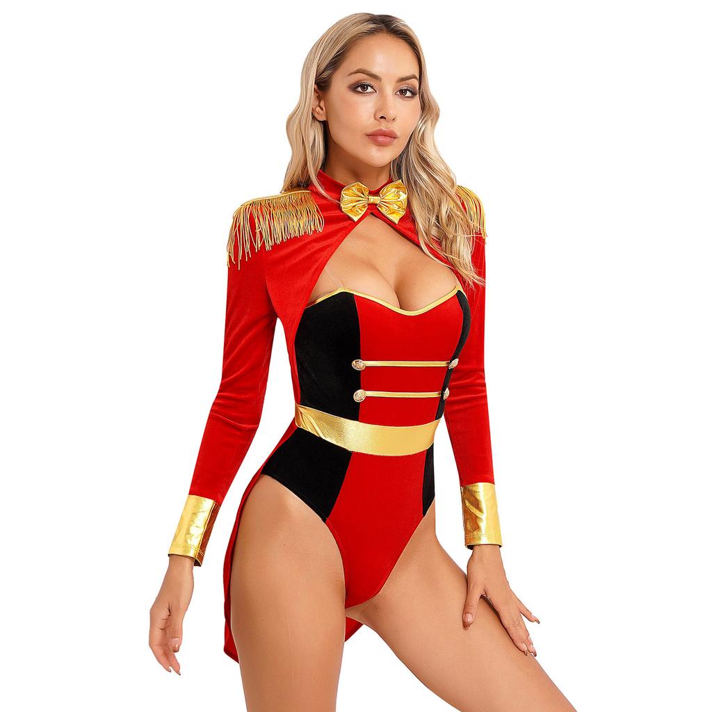 Womens Circus Ringmaster Halloween Cosplay Bodysuit Fringe Epaulette Bow Long Sleeve Velvet Jumpsuit