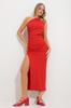 Women's Dress New Season Fashion Red One-Shoulder Drape Detailed Deep Slit Lycra Knitted Dress