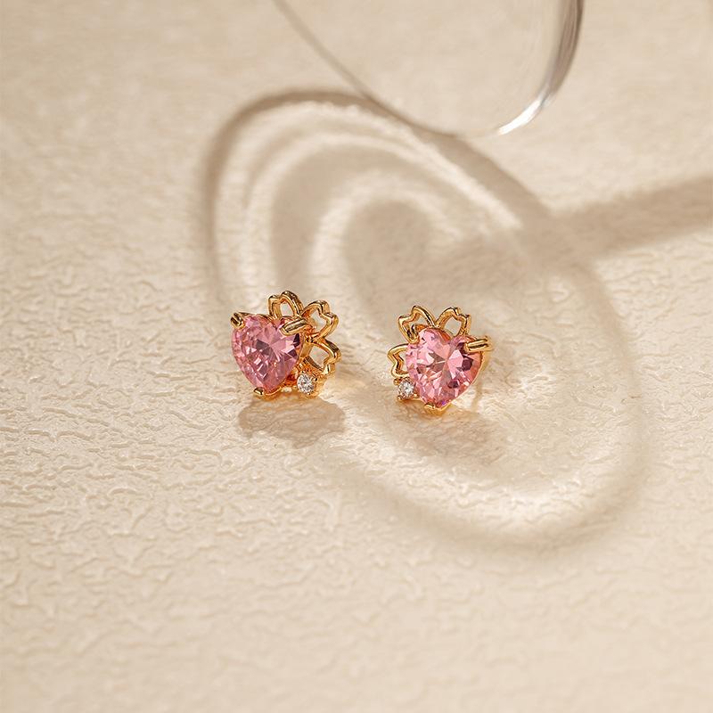 French Minimalist Design Flower Sweet Pink Zircon Heart Stud Earrings 18k Gold Plated
