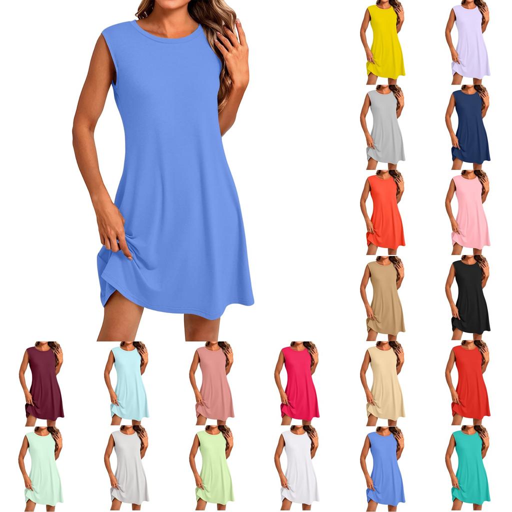 Женское модное повседневное цветное короткое платье без рукавов с круглым вырезом