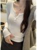 Spice Girl Sexy U-Neck Button Half Open Neck T-Shirt Women's Spring Slim Skinny Shoulder Long Sleeve Top Bottom