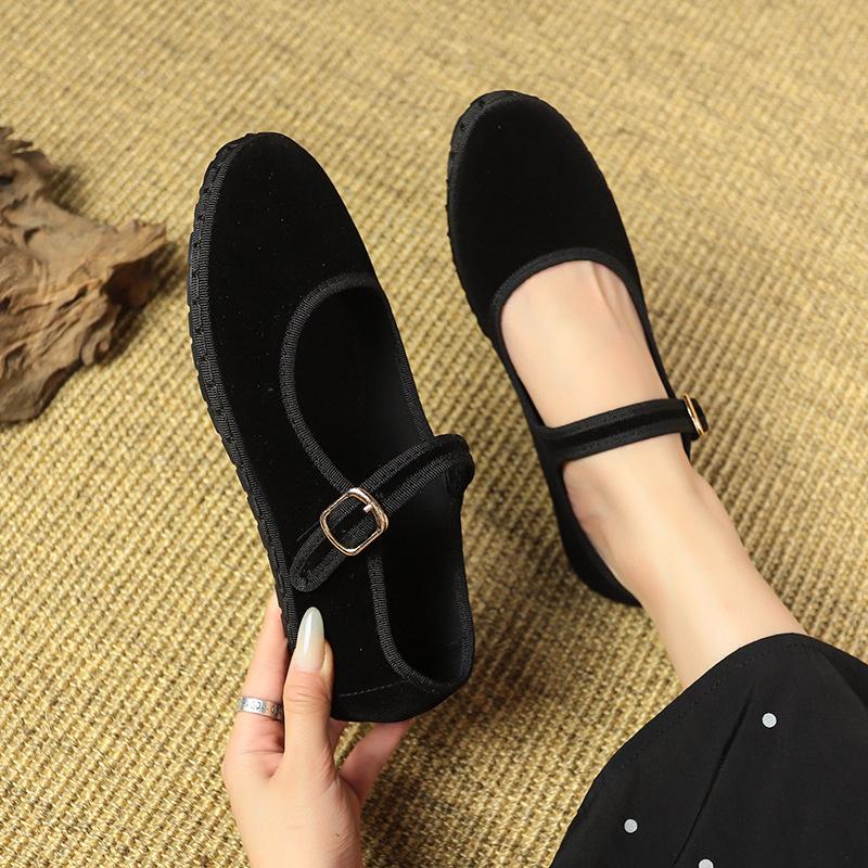 Fashion Velvet Mary Jane Shoes for Women Hand Stitch Casual Streetwear Ballet Flats Pumps Female Solid Color Red Cloth Shoes Loafers