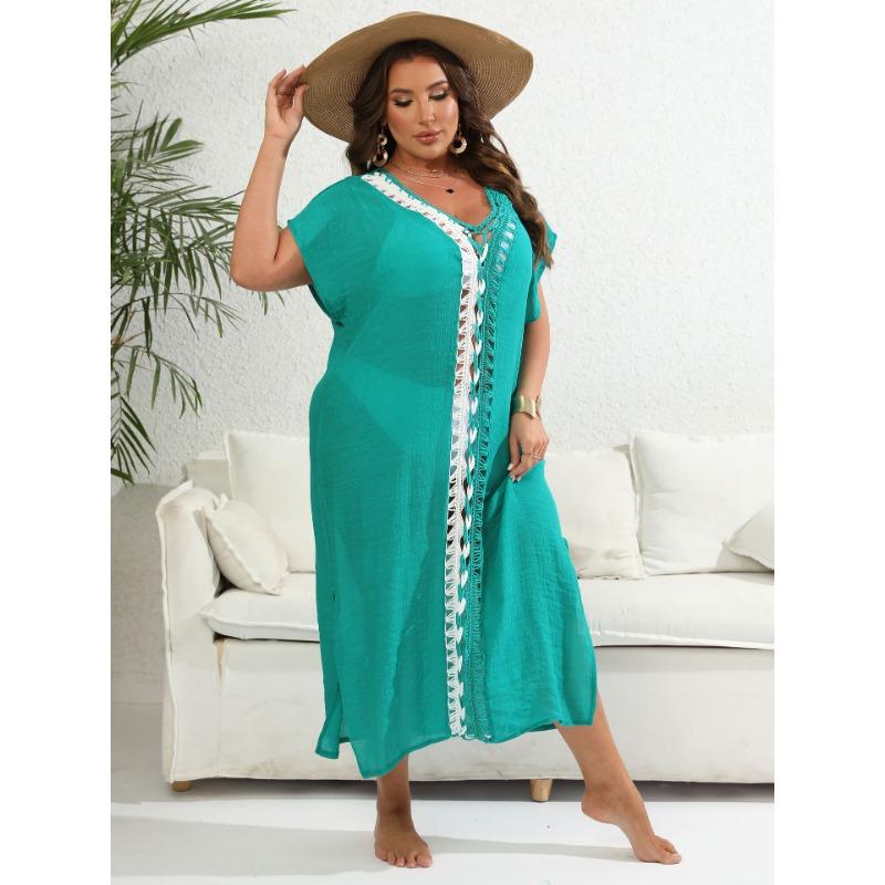 Holiday Beach Cover-Ups Plus Size Women's Cover Up Hand Hooked Clashing Colour Splicing Deep V Split Dress