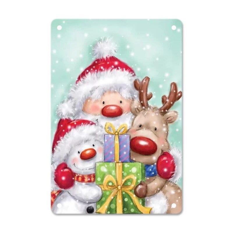 Merry Christmas Posters Tin Sign Cute Snowman and Santa Claus Metal Plaque Wall Art Decor Christmas Gift