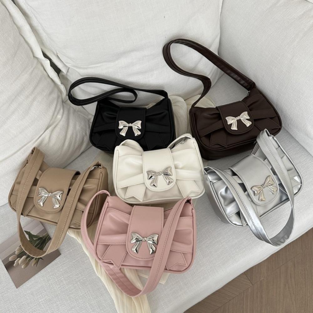 PU Leather Square Pleated Handbag Underarm Bow Armpit Bag Fashion Bowknot Shoulder Bag Work
