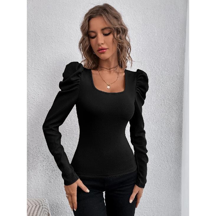 Women'S Fashion Square Neck Slim Fit Sheep Leg Sleeve Knitted Long Sleeved T-Shirt Commuting Top In Stock