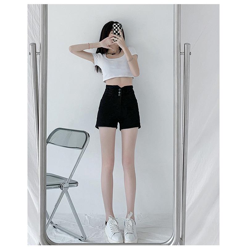 Черные джинсовые шорты с застежкой на пуговицы и высокой талией, корректирующие живот, для женщин, эластичные прямые брюки А-силуэта, широкие шорты в стиле Ins