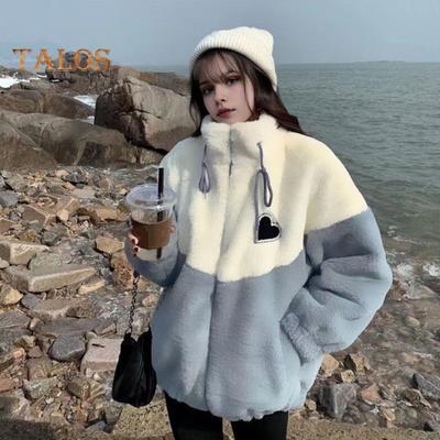 Женское зимнее пальто из плотного флиса с цветными блоками, в стиле пэчворк, воротник-стойка, защита шеи, застежка-молния на шнурок, длинные рукава, утепленная верхняя одежда для школы