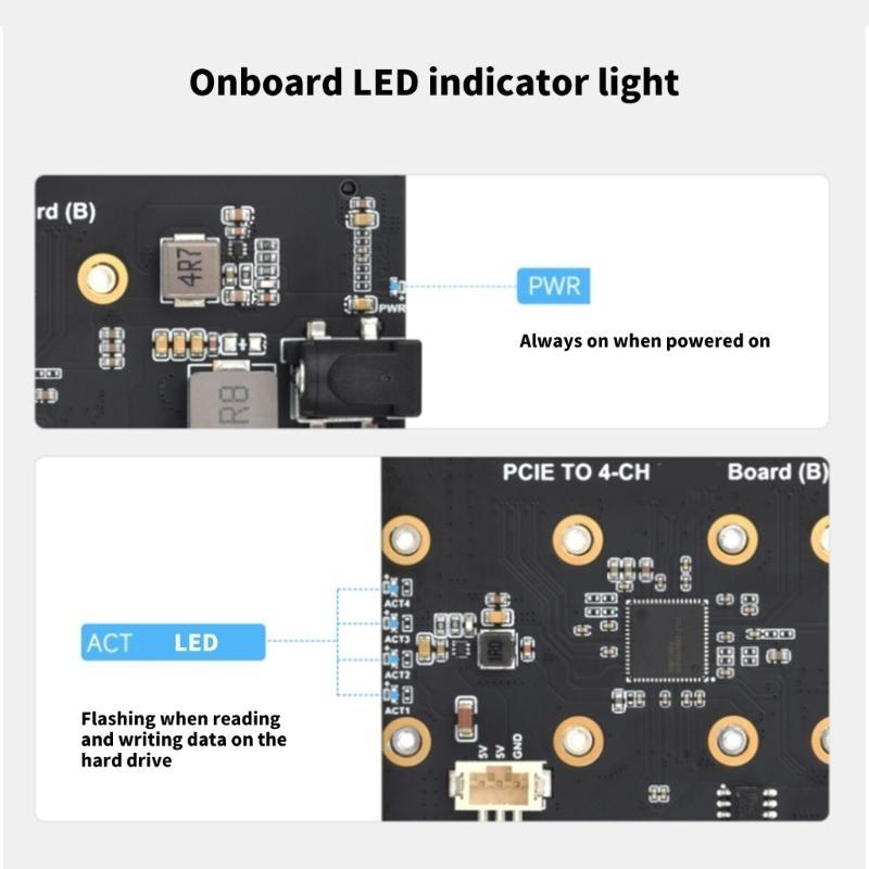 PCIe to 4CH M.2 NVMe 4 Port SSD Board with LED Light M.2 Hard Drives Adapter Card for RPI 5 2280/2260/2242/2230