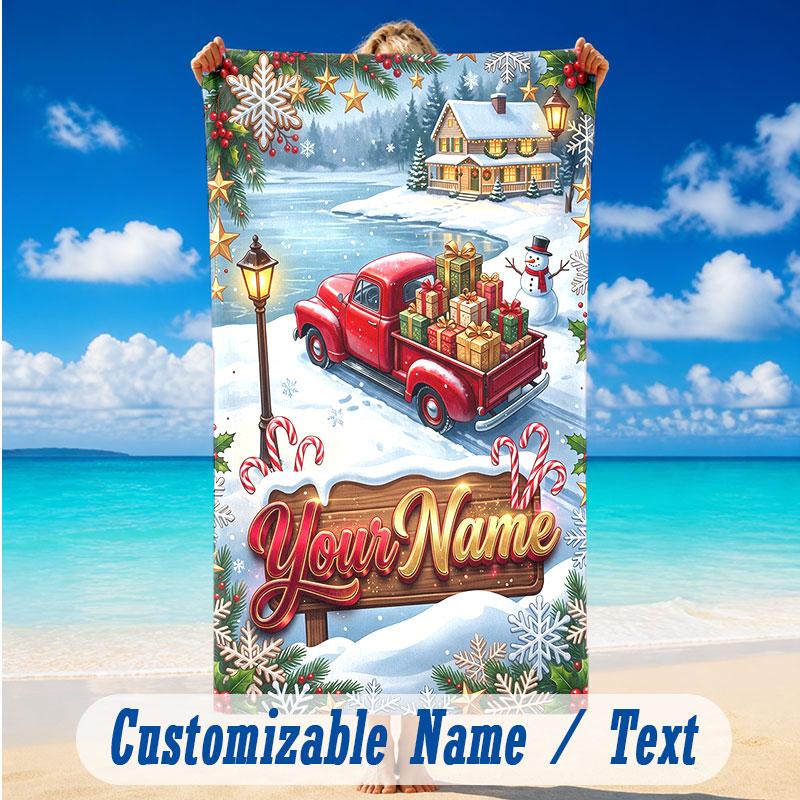 Christmas Theme Beach Towel Personalized Custom Name & Text Soft Quick Dry Beach Towel for Swimming Travel