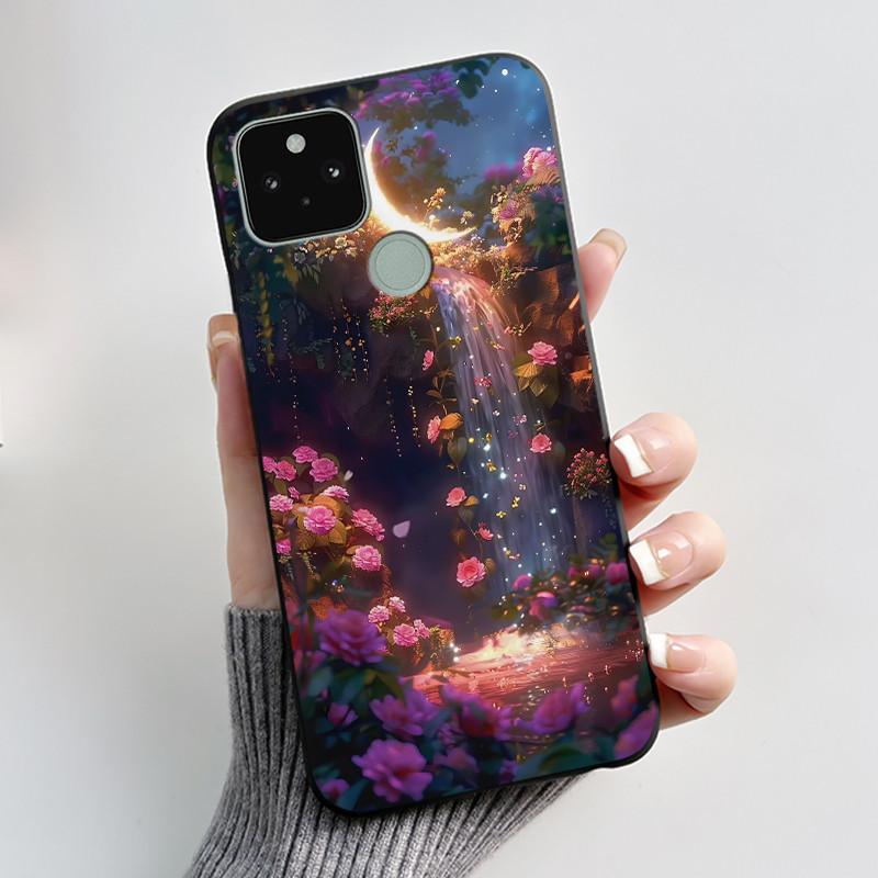 Phone Case For Google Pixel 5 Soft Silicone Black Case Elegant Style Beautiful Pattern Snow Mountain, Hidden Garden Casing