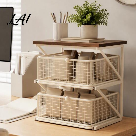 Office Desk Organizer Coffee Station with Drawer Tiered Bar Organizer Wooden Top Shelf Countertop Wire Mesh Drawers for Tea Bags Capsules,