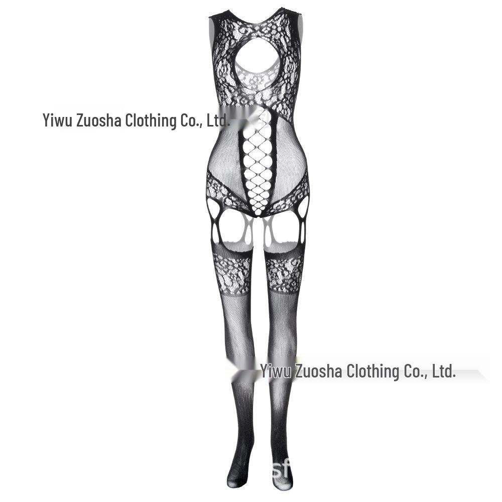 European & American Sexy Halterneck Cutout Jacquard Mesh Bodystocking Suspender Bodysuit