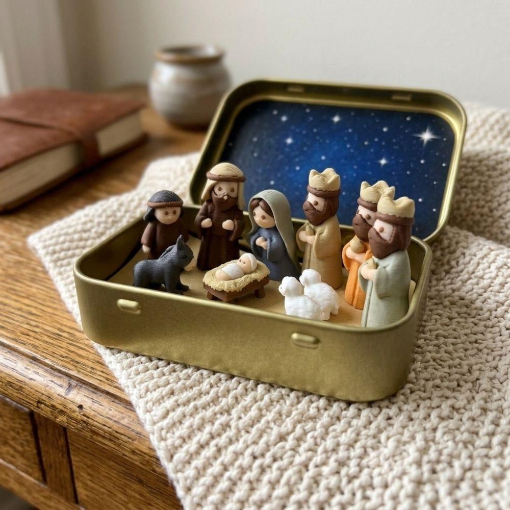 Metal Tin Box Nativity Manger Scene Kit Holy Family Xmas Manger Ornaments Table Decor