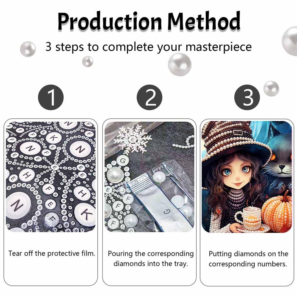 Набор для рисования жемчугом DIY Безрамная Милая Ведьма с Котом Тыква Кофе Хэллоуинский Узор Блестящая Жемчужная Картина на Холсте Креативное Украшение Стены Идея для Подарка