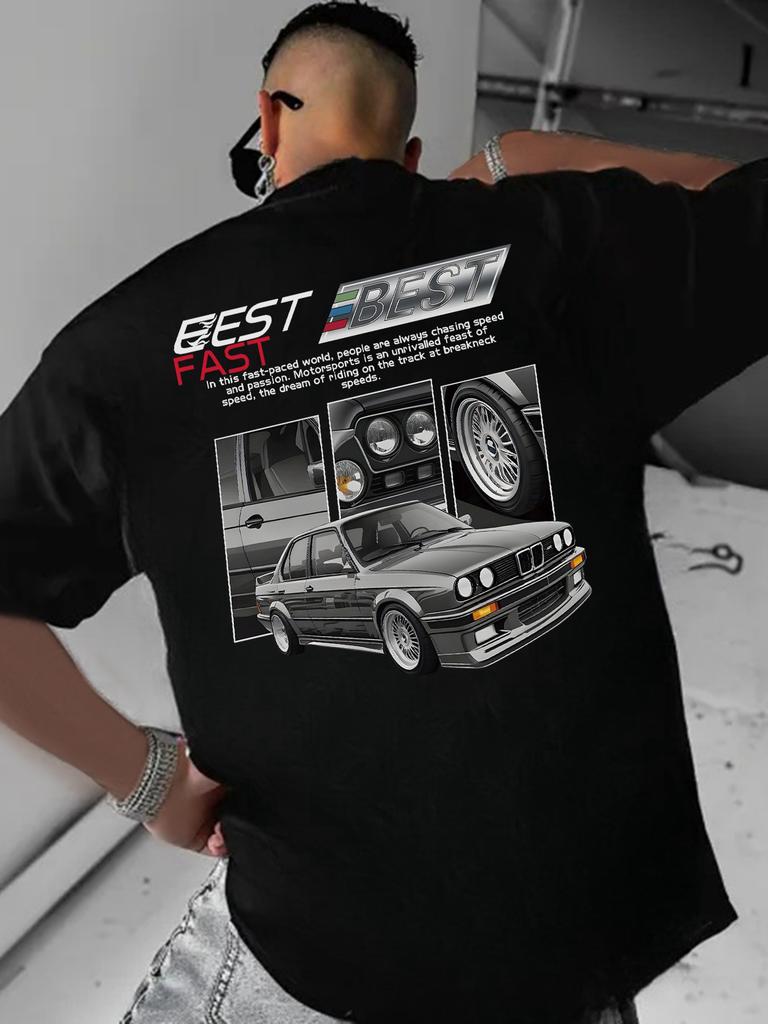 Men's Casual Crew Neck T-Shirt Soft Stretch Fabric Classic Car Print Short Sleeve Black Machine Washable Polyester Blend Retro