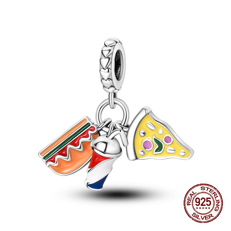 Real 925 Sterling Silver Chocolate Pizza Cake Fries Food Charms Beads Fit 925 Original Bracelets DIY Cute Jewelry Gifts