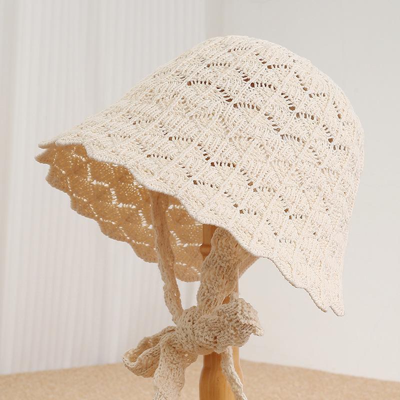 Fashion versatile knitted hat sunshade beach hat spring and summer hollow breathable foldable bucket hat sweet ponytail