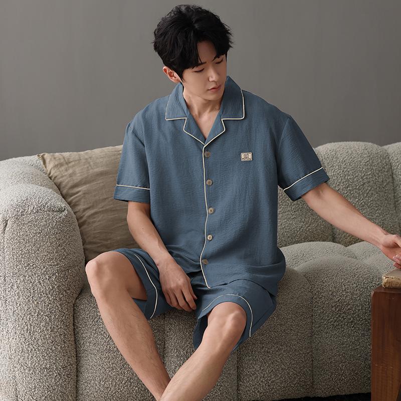 Новый летний тонкий хлопковый мужской пижамный комплект с коротким рукавом, кардиган, однотонная мужская пижама, домашняя одежда, топы и шорты, комплект из 2 предметов для сна