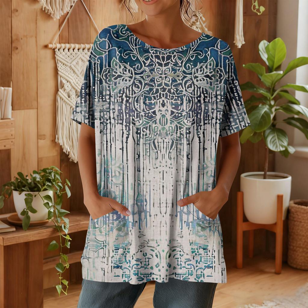 Женская мода повседневный короткий рукав цветочный принт топ