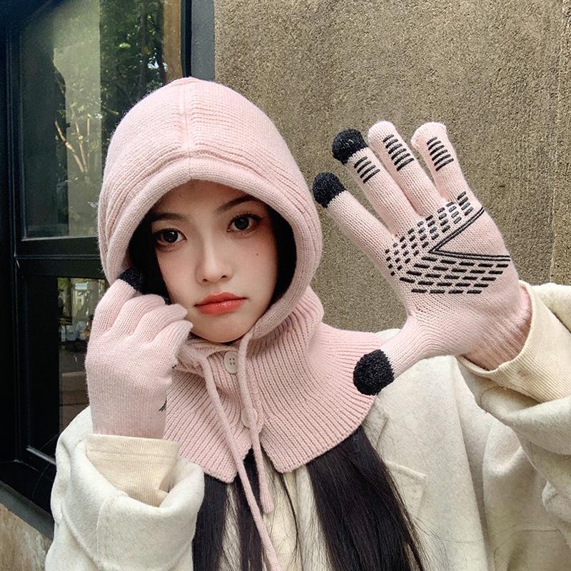 Winter Outdoor Warmer Balaclava Hats Women Girls Knitted Hooded Hats Scarf and Gloves Set Drawstring One-piece Neck Collar Beanies Caps