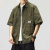 Men's Retro Japanese Loose Military Green Cotton Shirt Jacket, Short-Sleeved