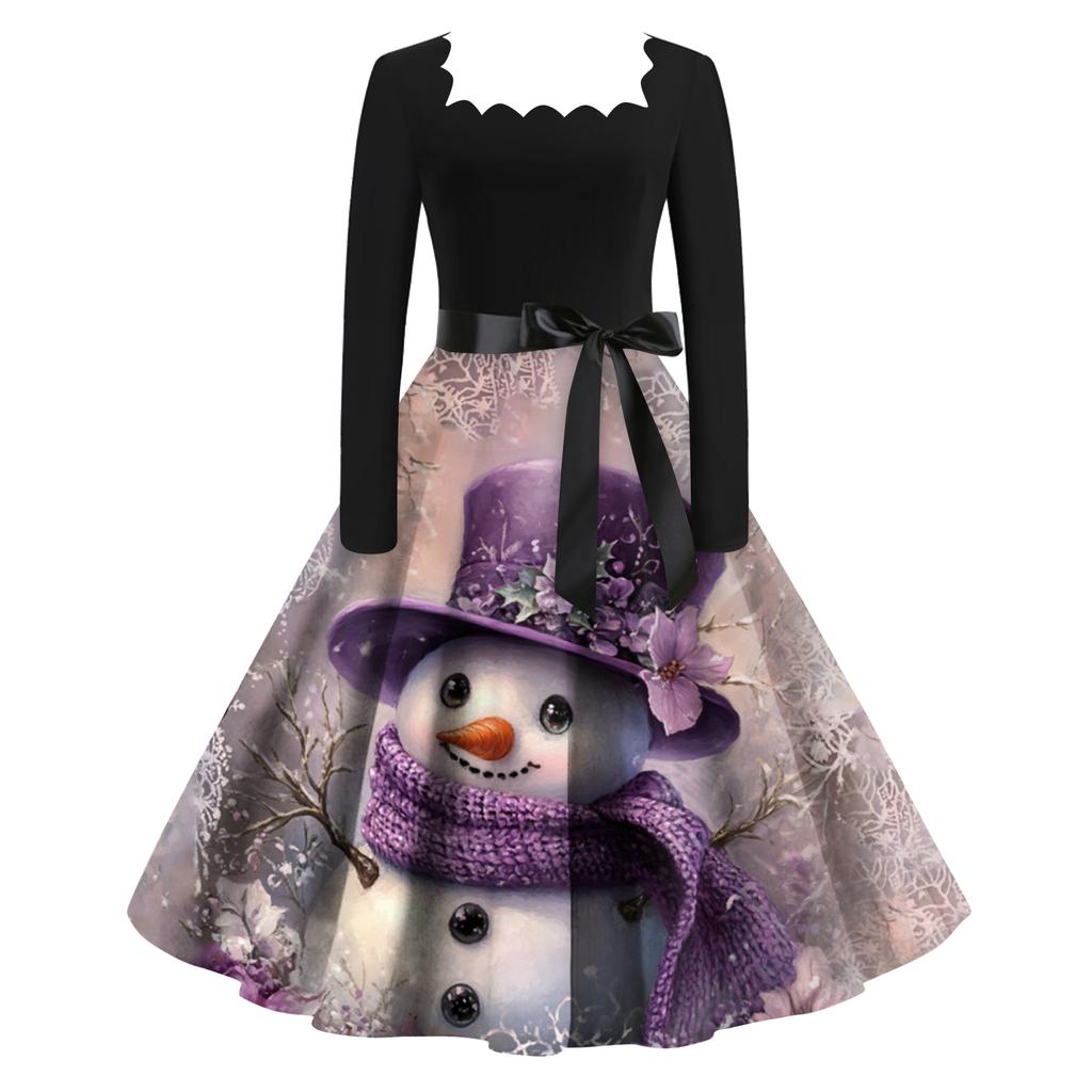 Женское модное ретро вечернее платье с длинным рукавом, квадратным вырезом и рождественским принтом