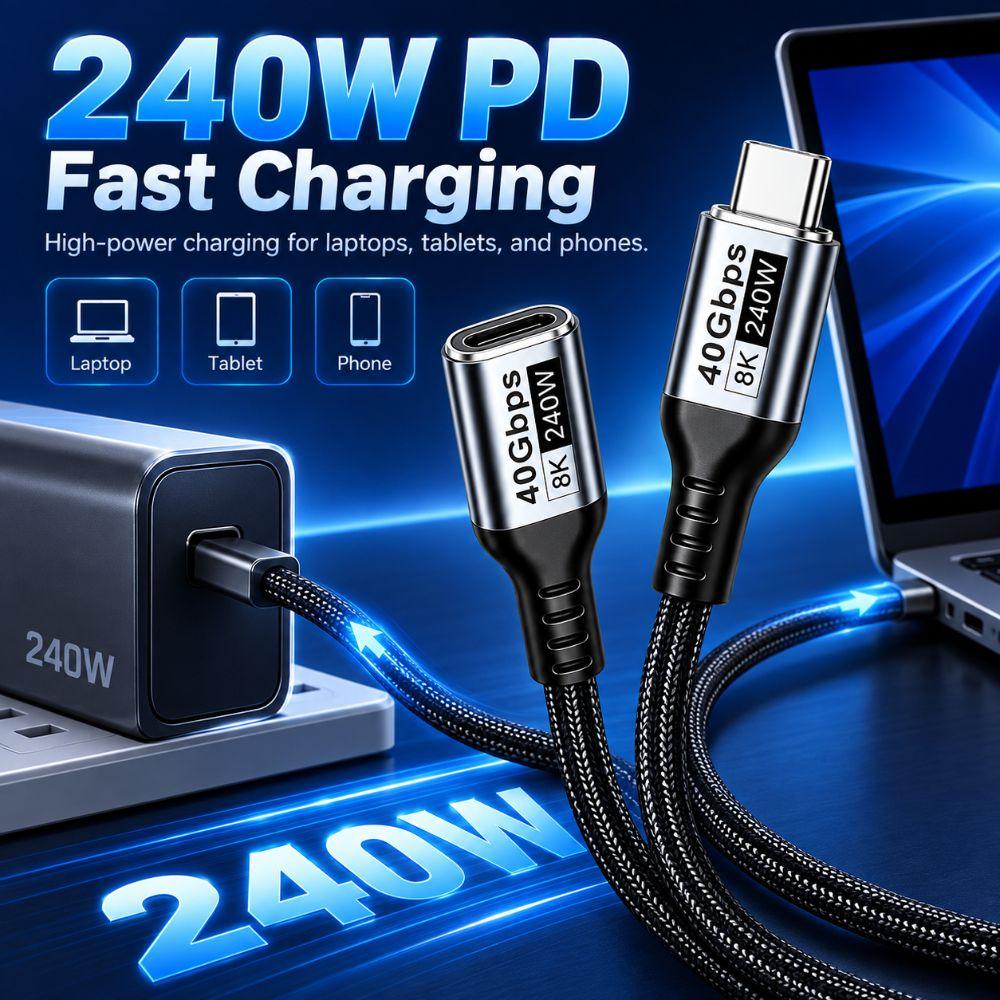 240W PD USB4 Extension Cable 40Gbps Type-C Extender USB-C Extension Cord Laptop Connection