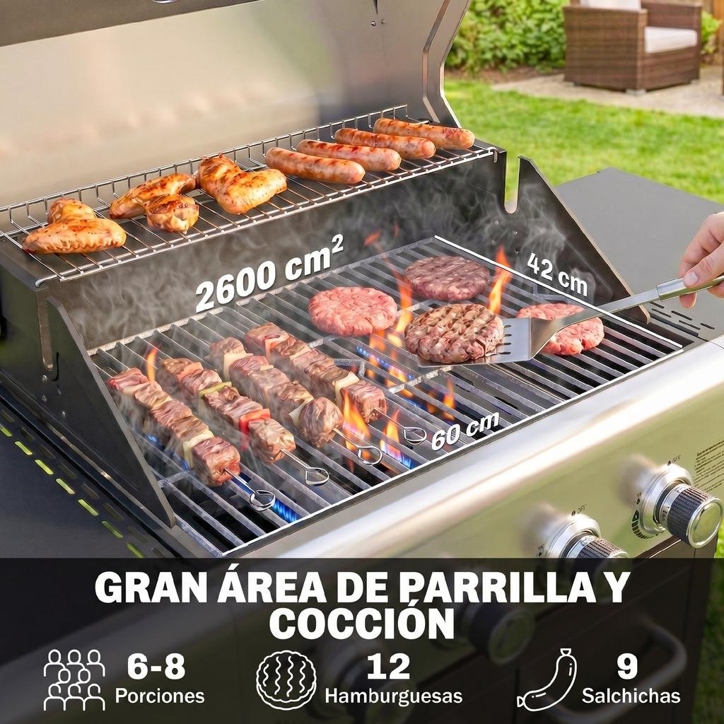 Gas Barbecue With 4 Burners 12.8 Kw Thermometer Cast Iron Grills Side Tables Cabinet And Wheels Black