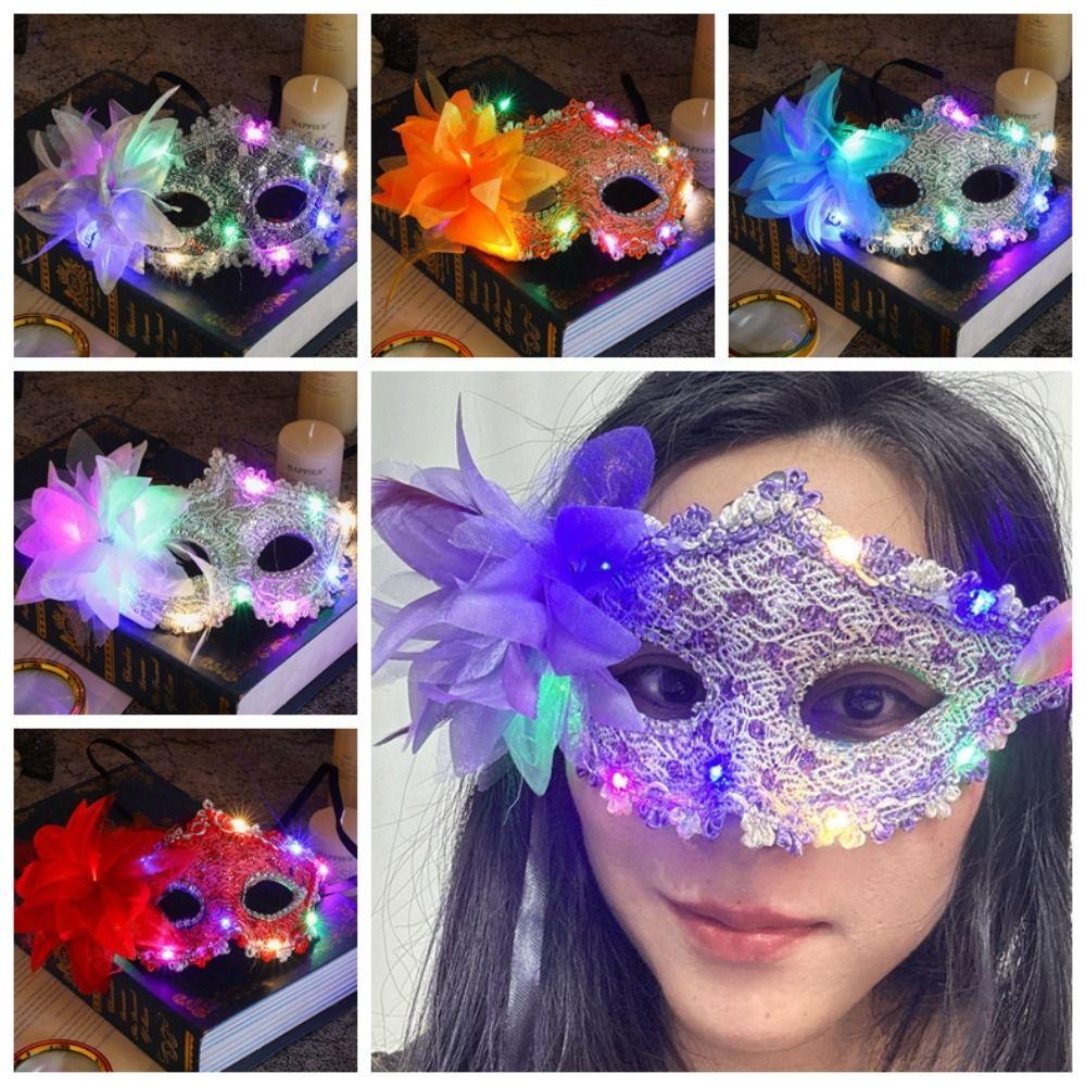 Plastic Feather Flower Mask Lace Venice Masquerade Mask Princess LED Glowing Mask Carnival