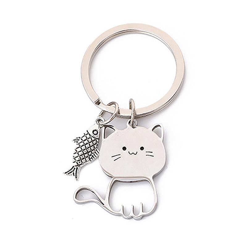 Funny Cartoon Cat Fish Keychain Couple Lovers Stainless Steel Keyring Lovely Pendant Key Chain Valentine'S Day Gift Jewelry