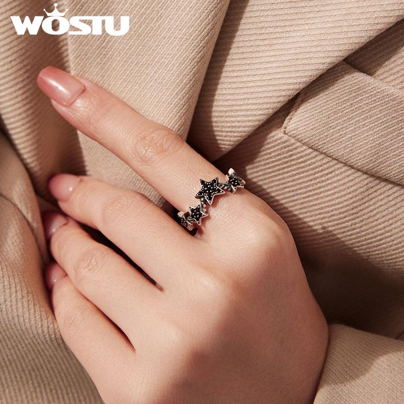 WOSTU Real 925 Sterling Silver Star Black Onyx Band Rings For Women Everyday Wear Full Stone Cool Rings Party Gift for her