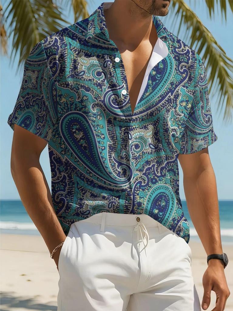 Teenage ' Bohemian Paisley Print Hawaiian Shirt, Vintage Cashew Flower Swirl Pattern Casual Short-Sleeve Aloha Top, High-Quality Vacation Gift,