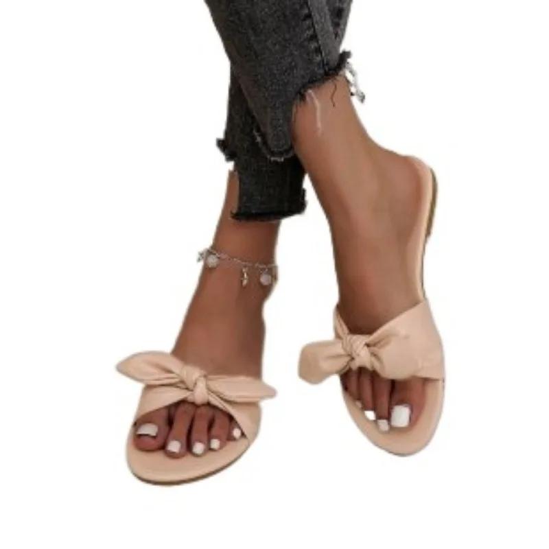 Распродажа женской обуви 2024 года, модные базовые женские тапочки, повседневные тапочки для улицы, женские туфли на плоской подошве с бантом и туфлями больших размеров для женщин