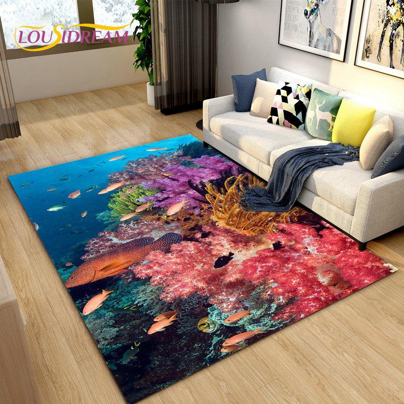 Подводный мир Морское дно Рыба Дельфин Коврик Большой, Коврик для гостиной Спальня Диван Коврик Кухня, Нескользящий напольный коврик