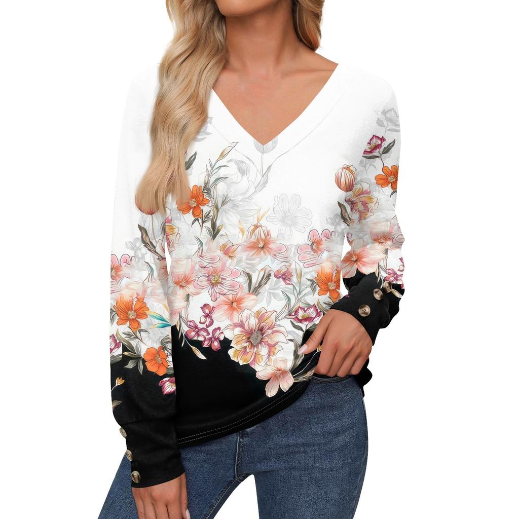 Женские топы с цветочным принтом, рубашка с длинным рукавом и V-образным вырезом, повседневная свободная футболка, осенняя одежда