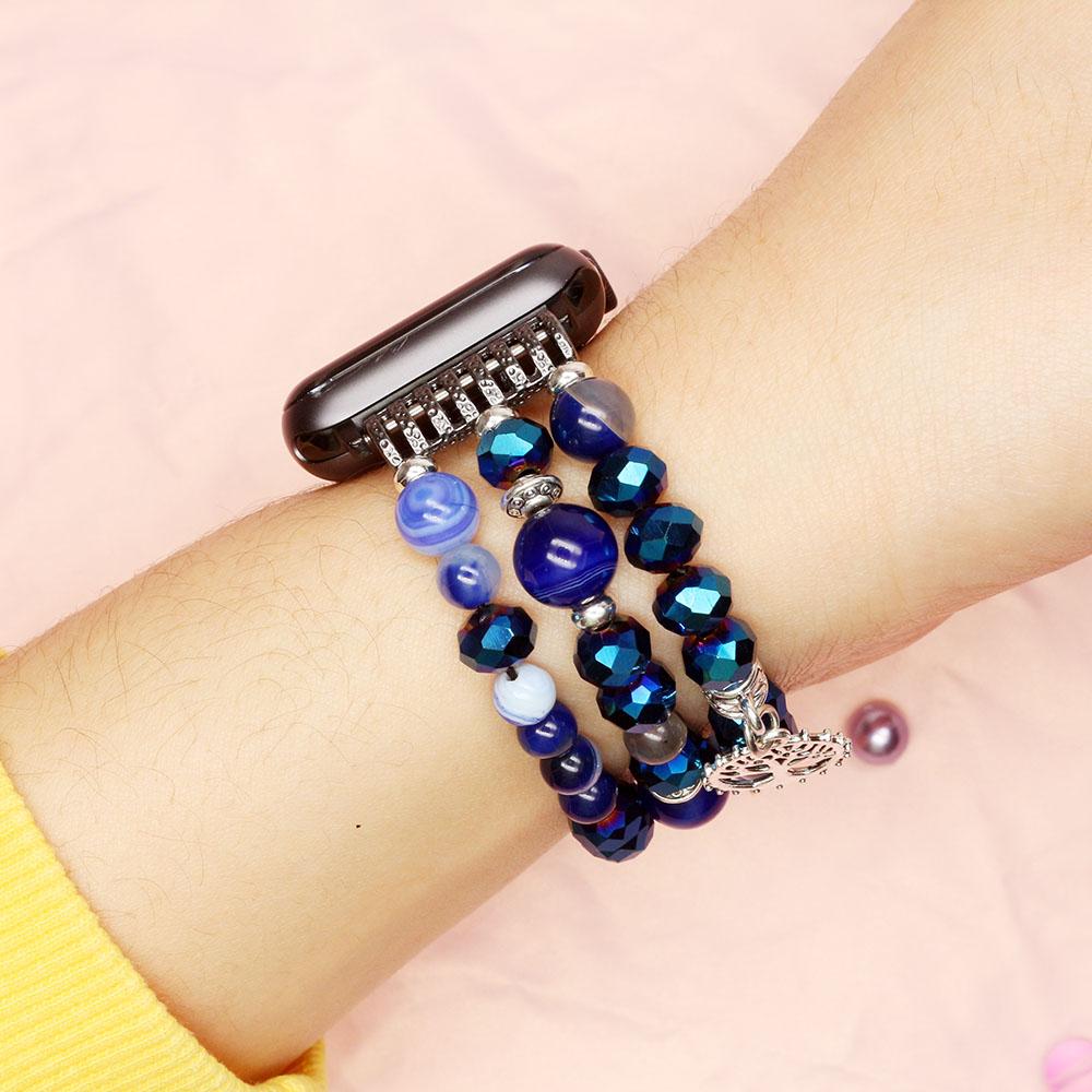 Blue DIY Strap for Apple Watch Band 9 8 SE Series 7 6 5 Bracelet Crystal Beads Elastic Watchband for iWatch 41mm 45mm Handmade